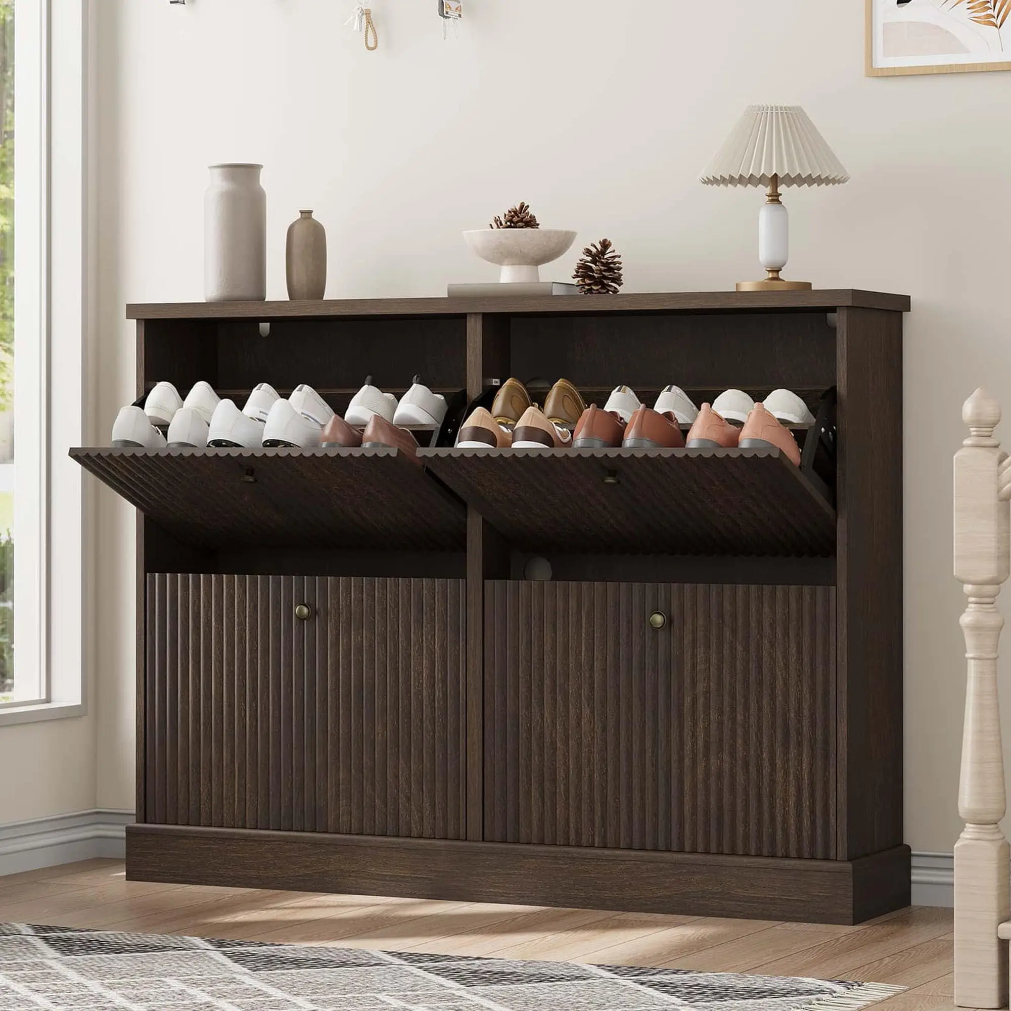 Shoe Cabinet with 4 Flip Drawers,Hidden Wooden Fluted Shoe Cabinet with Adjustable Shelf,Freestanding Shoe Storage Cabinet for Entryway ,Walnut