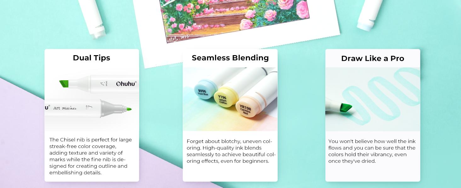 Ohuhu Alcohol Markers: Chisel and Fine Dual Tips - 48 Pastel Colors - AP Certificated - Double Tipped Art Marker Set for Artists Adults Coloring Illustration - Refillable - Oahu Series of Ohuhuart