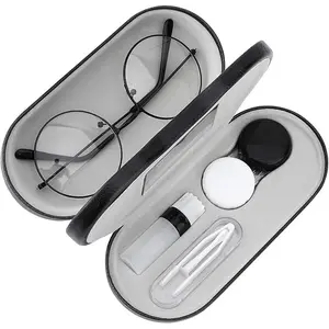 Double Eyeglass Case, Contact Lens Case with Mirror Tweezers Remover, 2 in 1 Double Sided Portable Contact Lens Box Holder Container Soak Storage Kit Sunglasses Pouch for Men & Women, Black