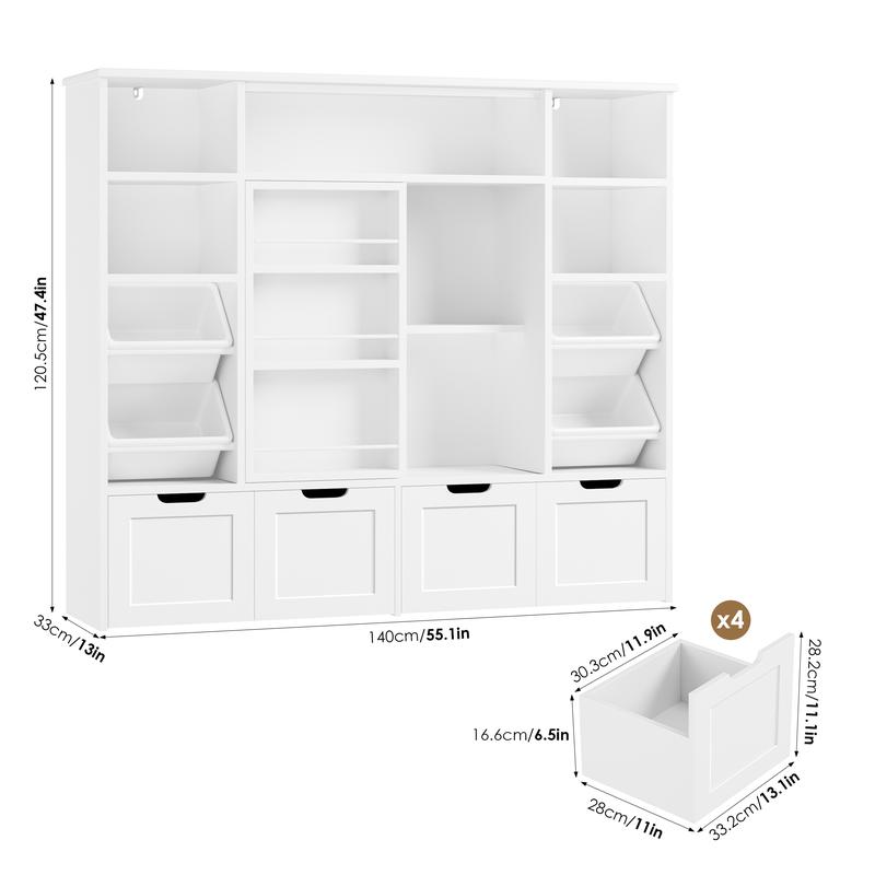 FOTOSOK 55.1" W Toy Storage with Sliding Bookshelf, Large Kids Bookshelf with 4 Movable Drawers and 4 Bins