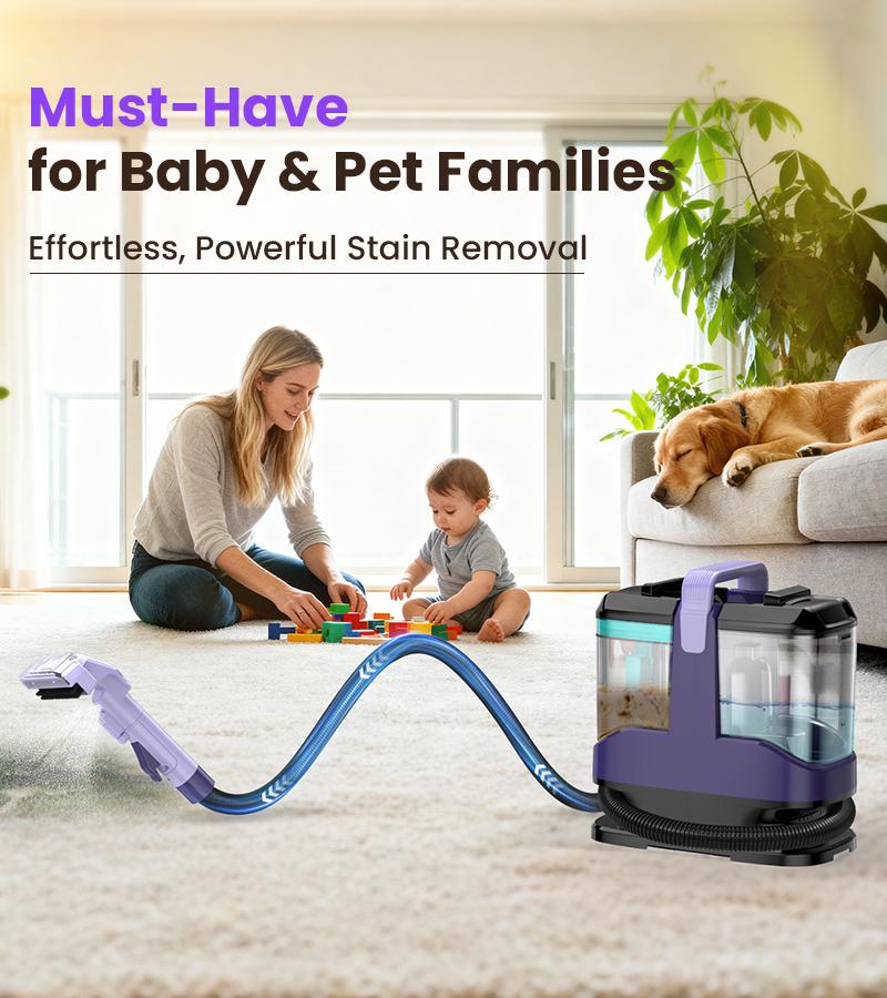 [Valentines'DaySale!] Upholstery Carpet Vacuum Cleaner, 18KPa Suction Spot Cleaning Machine for Pet Stains, Carpets, Sofa, Car Seats, Mattress, with 3 Multipurpose Cleaning Tools, 6'' Deep Cleaning Brush | Portable 3-in-1 New Purple C9S