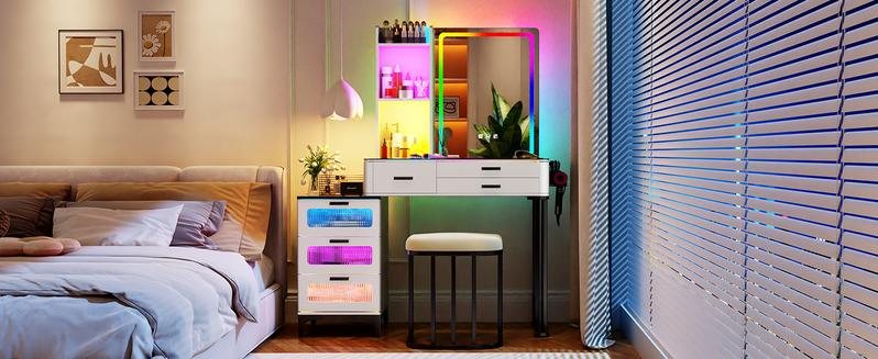 MIU Vanity with Mirror and LED Lights, Glass Top Vanity Desk with Charging Station(Wireless+USB+Type-C), RGB Makeup Table Set with Stool/Makeup Organizer/6 Drawers