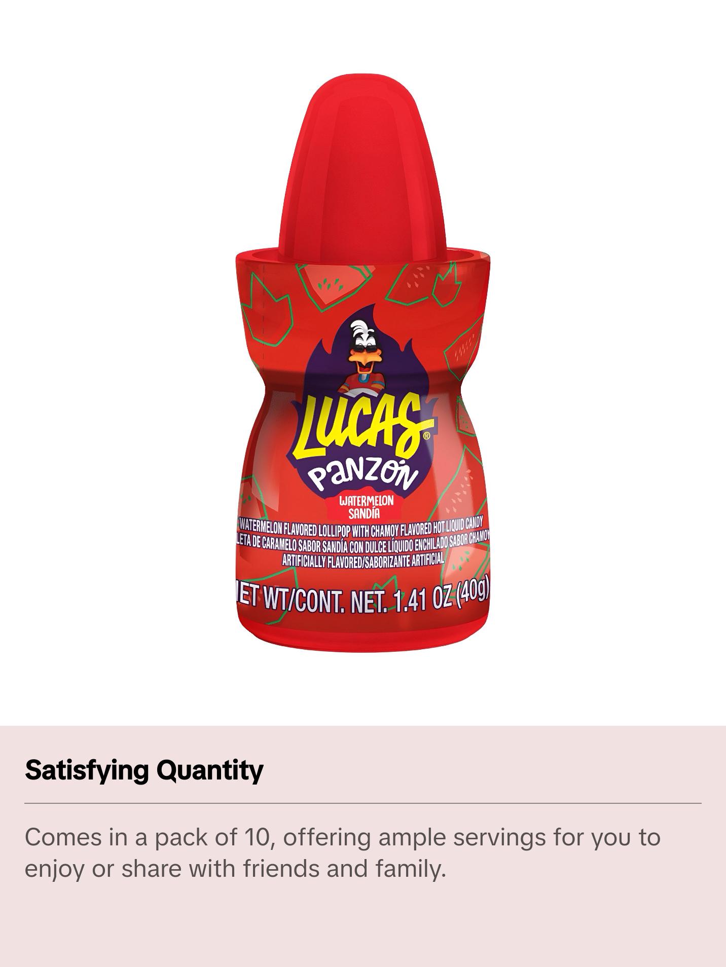 Lucas Panzon Watermelon Flavored Lollipop Candy with Chamoy Liquid (10 Count), Sweet, Savory, Mexican Candy, Dulces Mexicanos Snack Candies Tangy