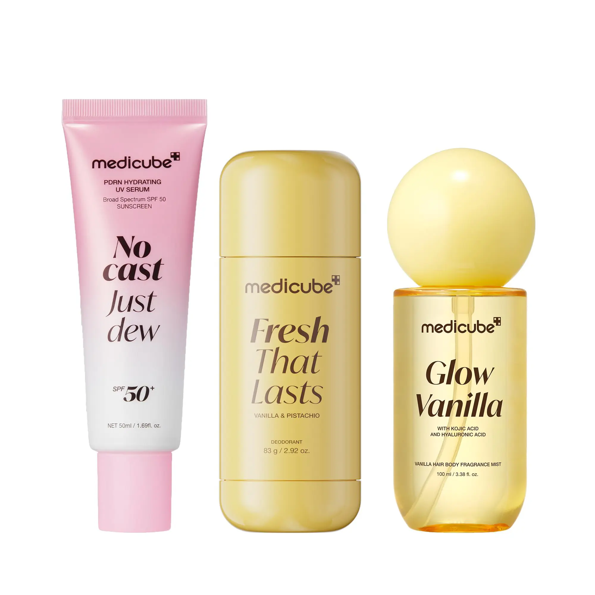 [medicube] Beat the Sun, Sweat & Odor Set | 24 Hours Odor Control, Deep Hydration, Body Brightening Care & Boosting Hair Radiance, Daily Lightweight Sunscreen SPF 50, Glow Vanilla | Korean Skincare, K-Beauty