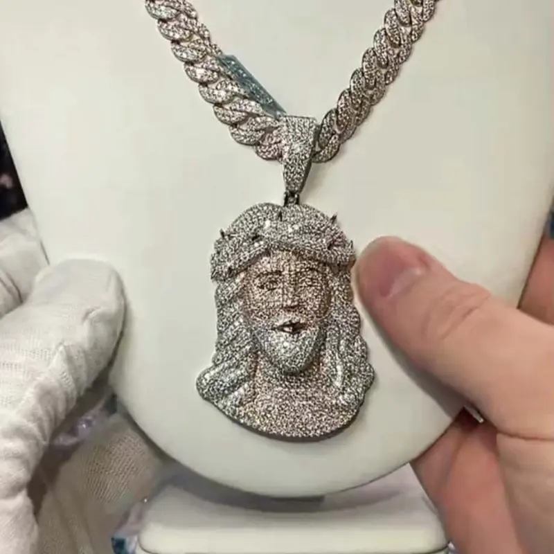 Unisex 20” 10mm 2-Tone Sterling Silver Rose Gold Moissanite Cuban Link Chain with VVS1 Large Jesus Head Pendant