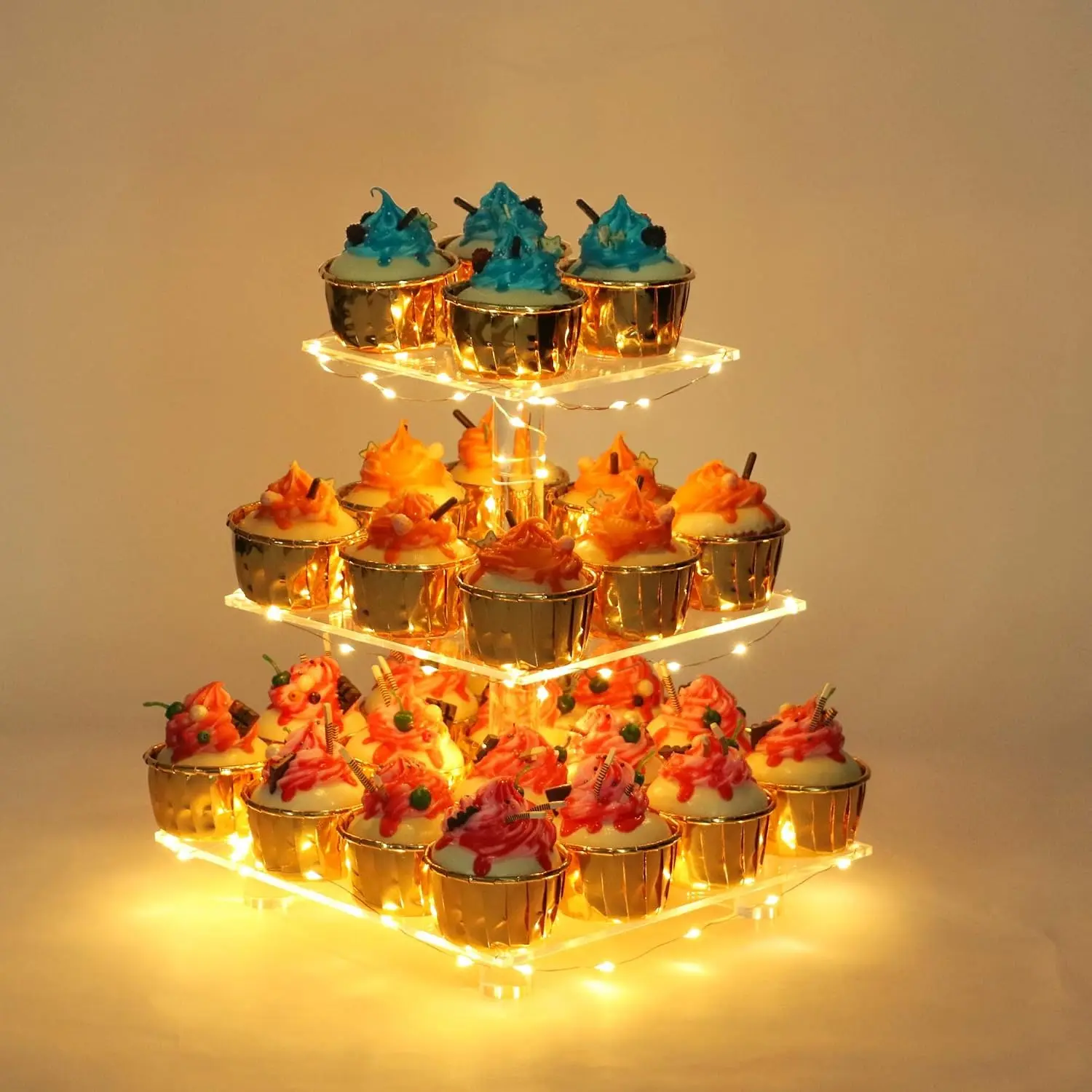 3-Tier Acrylic Magical LED-Lit Cupcake Dessert Stand, Multi-Tiered Cake Stand for Party, Festive Special Occasion Cake Decor Display, Cake Stands For Party