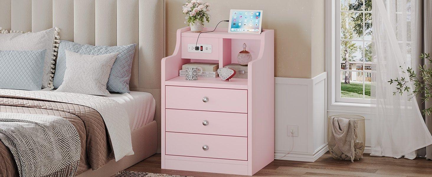 Sikaic Nightstand with 3 Drawers Charging Station Pink