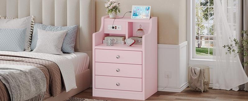 Sikaic Nightstand with 3 Drawers Charging Station Pink Sikaic Nightstand with 3 Drawers Charging Station Pink