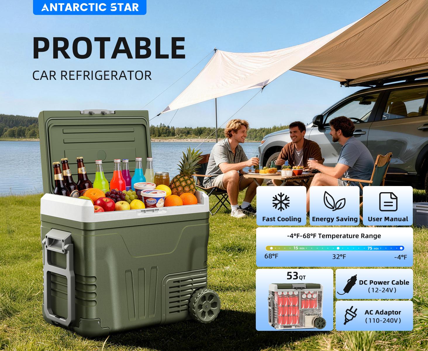 Antarctic Star 12V Portable Refrigerator 50L, 12/24V DC & 100-240V AC, Compressor Fridge Freezer for Car Camping Travel Boat, APP Control, -4°F to 68°F, Electronic Touch Screen，Green