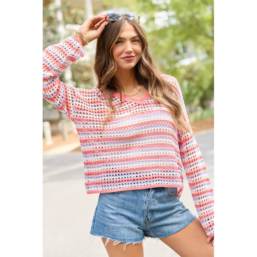 Chasing Rainbows Coral Striped Crochet Sweater