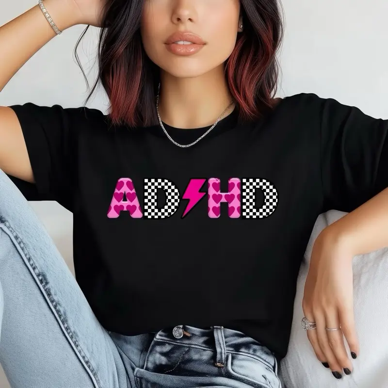 ADHD Shirts, ADHD Hot Pink Girly Lightning Bolt Viral design T-Shirt | Pink checkered typography Trending Unisex Tee