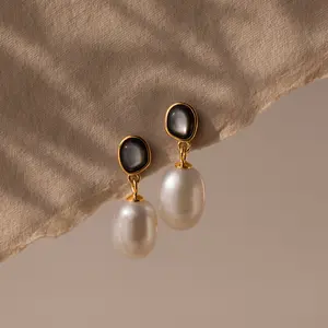 Midnight Pearl Drop Earrings by Caitlyn Minimalist - Black Pearl Drop Stud Earrings - Vintage Style Statement Earrings - Gemstone Jewelry - Wife Gift