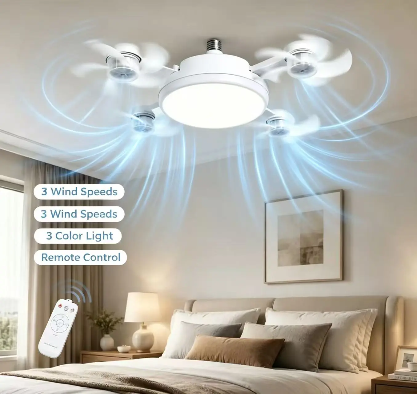 Modern Ceiling Fan with Remote Control - White LED Light & 4 Blades for Home Cooling & Ambiance