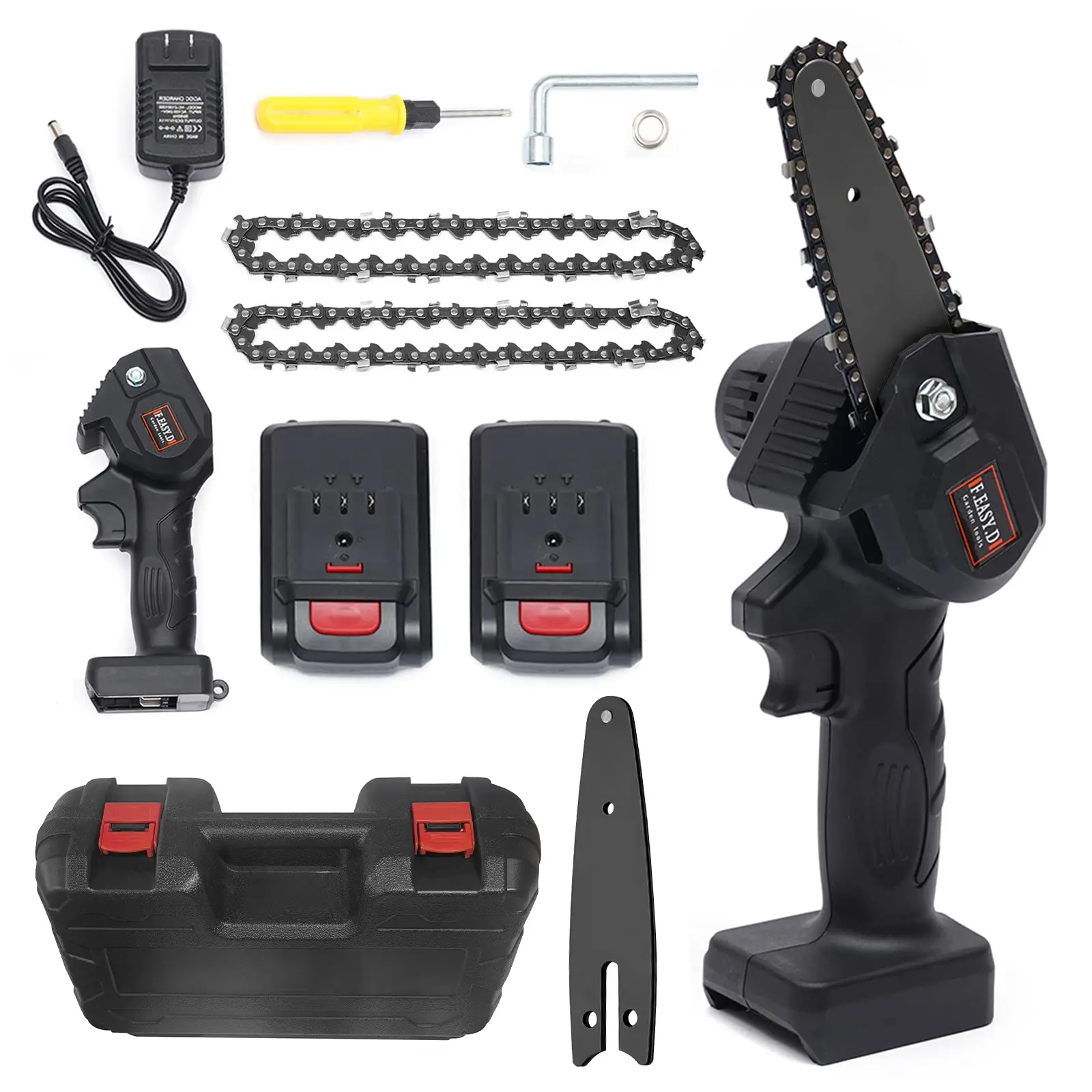 6-Inch Cordless Mini Chainsaw, Portable Handheld Electric Chain Saw with 2×2000mAh Batteries, Baffle Guard, Safety Lock Start – Battery-Powered Garden Pruning Tool for Wood Cutting, Tree Trimming