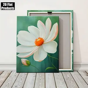 2D Flat, A 2D wooden frame painting White flower with orange center Suitable as decorative art in living rooms, bedrooms and bathrooms.	
