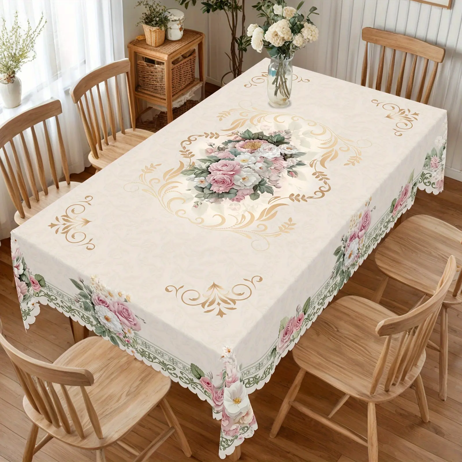 1pc Classic French Vintage Rose & Daisy All Over Print Polyester Tablecloth - Machine-Made, Rectangle/Round, Stitched Edges, Easy Clean Fabric, Hand Washable, Indoor/Outdoor Use, Ideal for Weddings, Kitchen Home Supplies for DIY Table Styling