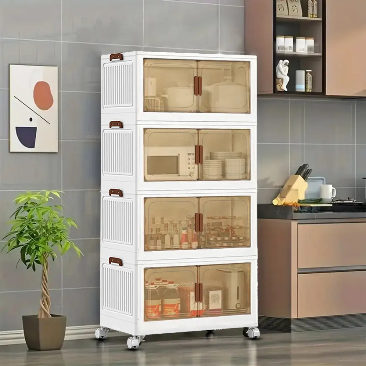 70cm Foldable PP Plastic Storage Cabinet - 2/3/4/5-Layer Stackable Sundries Organizer with Doors & Wheels, Quick Set-Up Space-Saving Unit for Pantry Cabinet Organization, Countertop Storage, Meal Prep Organizer