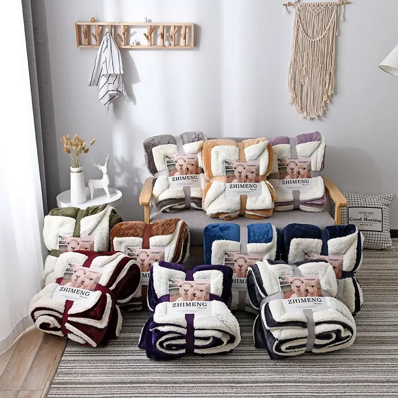 Double Layer Lamb Wool Blanket - Pure Color Thick Warmth