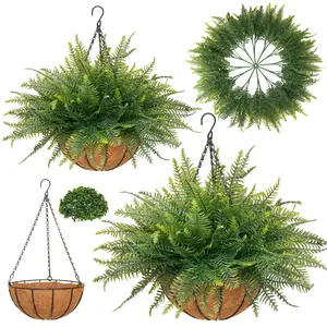 2 Pcs Artificial Hanging Fern Planters - UV Resistant Fake Ferns in Hanging Baskets for Outdoor Patio Garden & Home Decor