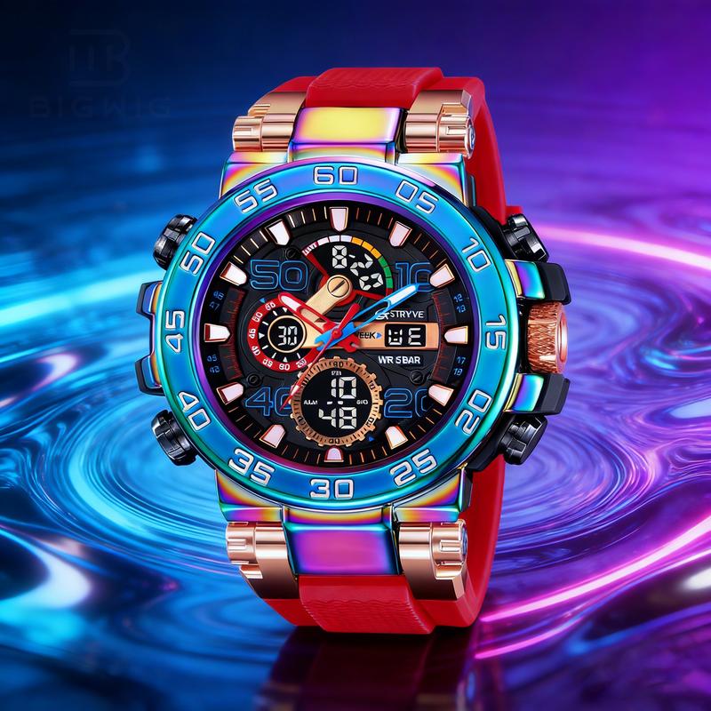 Men's Colorful Punk Style Quartz Watch Multi-FunctionalWater Resistant Dual Display Wristwatch Trendy Fashion SportWatch Birthday Gift with Tin Box Men's Colorful Punk Style Quartz Watch Multi-FunctionalWater Resistant Dual Display Wristwatch Trendy Fashion SportWatch Birthday Gift with Tin Box
