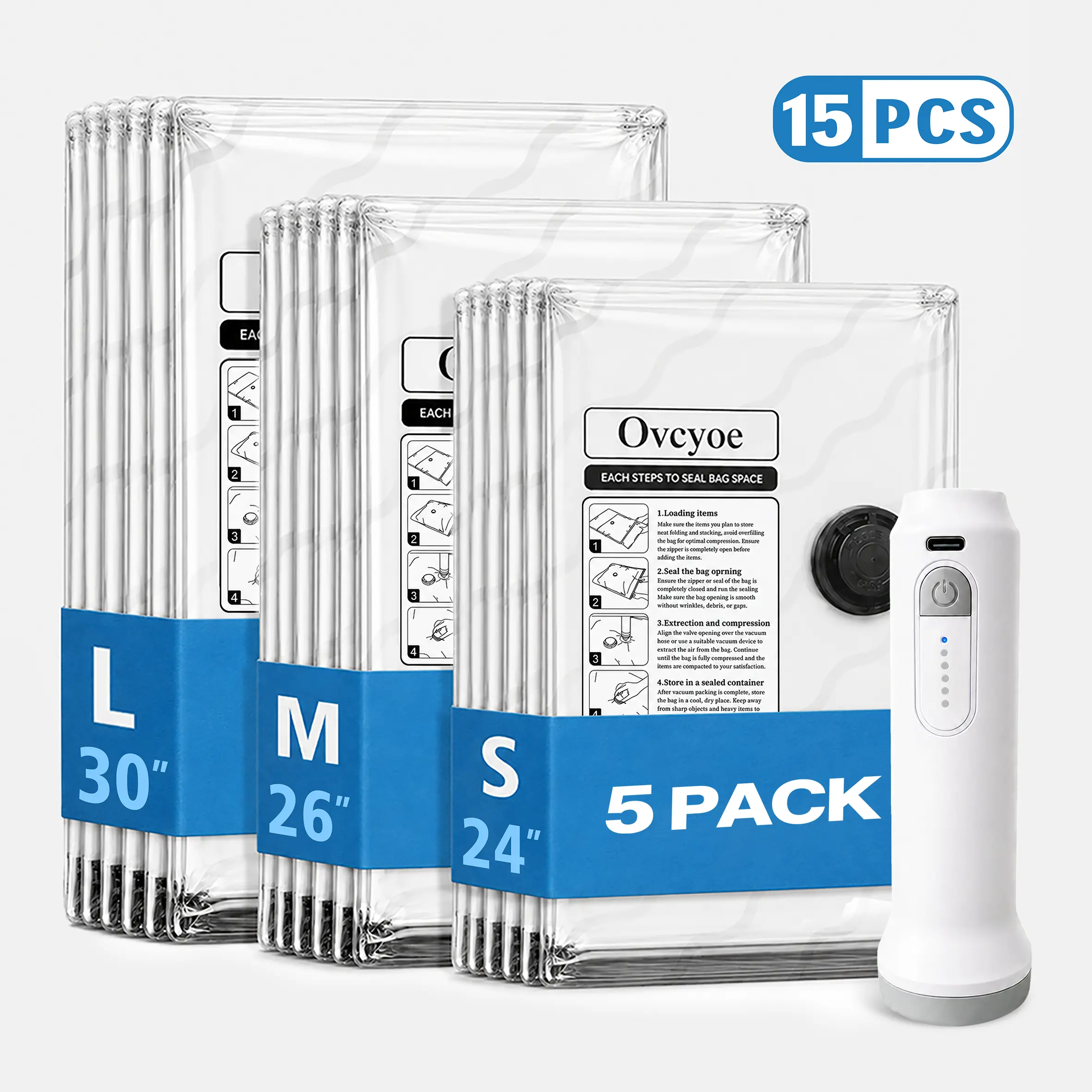 【2026 Upgraded】Cordless Travel Vacuum Bag Set - 9/15/ Pac Compression Bags for Carry-On Suitcases - USB Rechargeable Handheld Pump with Built-In Battery - Space Saver for Clothes & Packing, Zipper Pouches Durable, Lightweight Organizer Fitting Cover