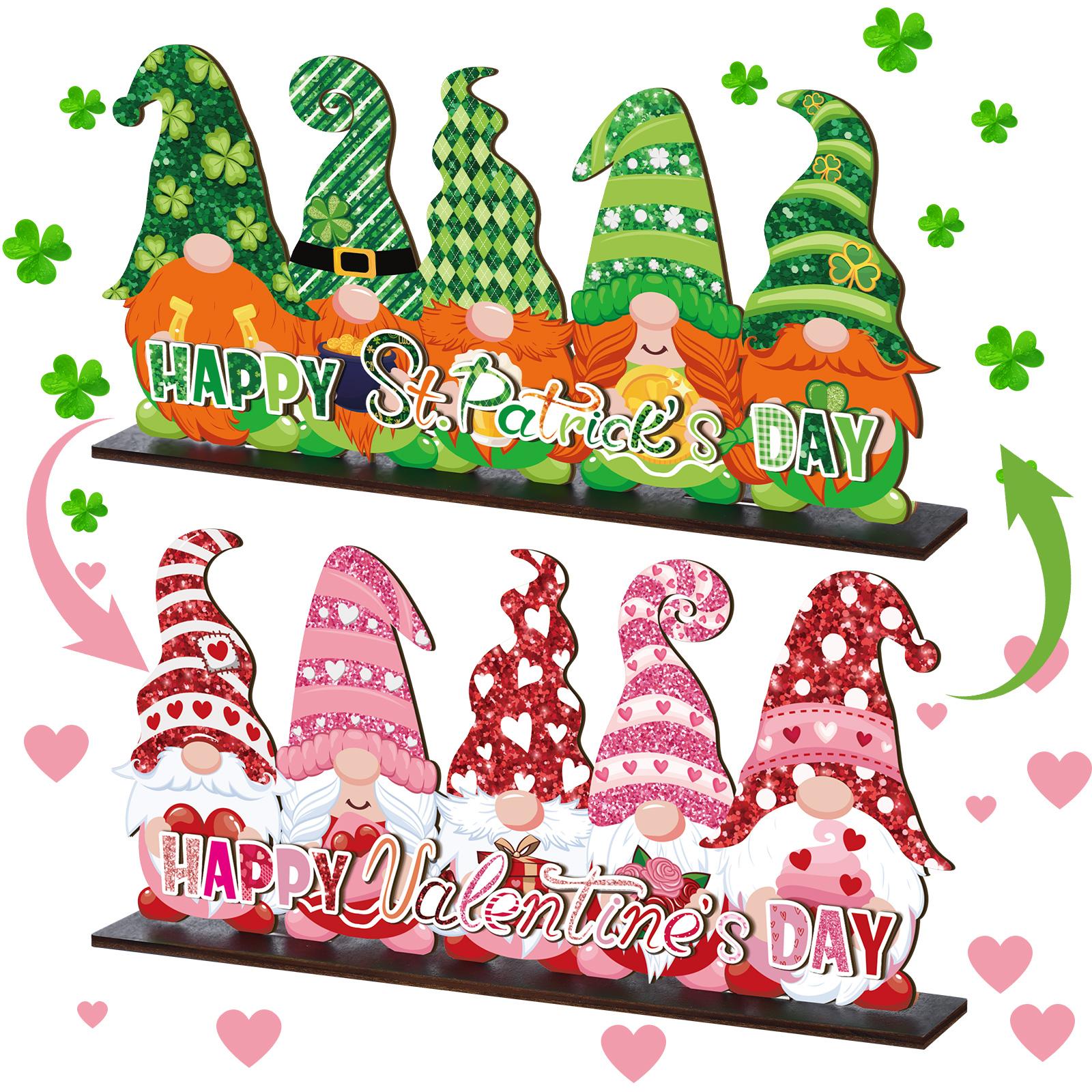 Valentine's Day & St. Patrick's Day Decorations, Reversible Gnome Wooden Table Sign, Love & Luck Double Sided Valentines St. Paddys Day Theme Wooden Standing Blocks Desk Decor Irish Farmhouse Style Centerpiece for Home Office Dinng Table Shelf Tiered Tray