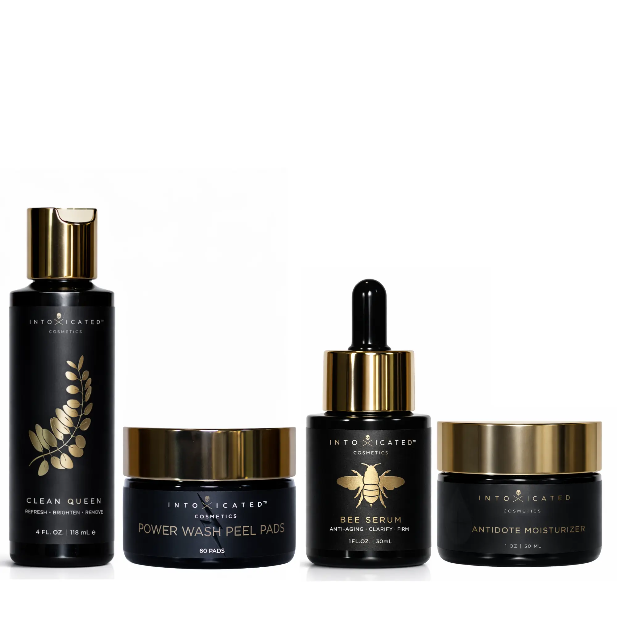 Intoxicated Cosmetics The Complete Bee Set | Featuring Clean Queen Glycolic Cleanser, Power Wash Peel Pads, Bee Serum, & Antidote Moisturizer