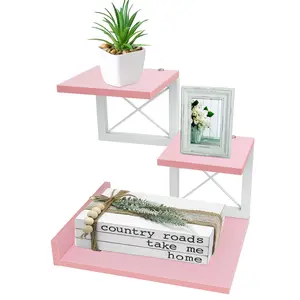 Desktop Shelf, Aesthetic Desk Organizer Table Top Mini Bookshelf, 3 Tier Wooden Desk Supplies Organizers and Storage Stand Cubicle Accessories for Women Office, Pink
