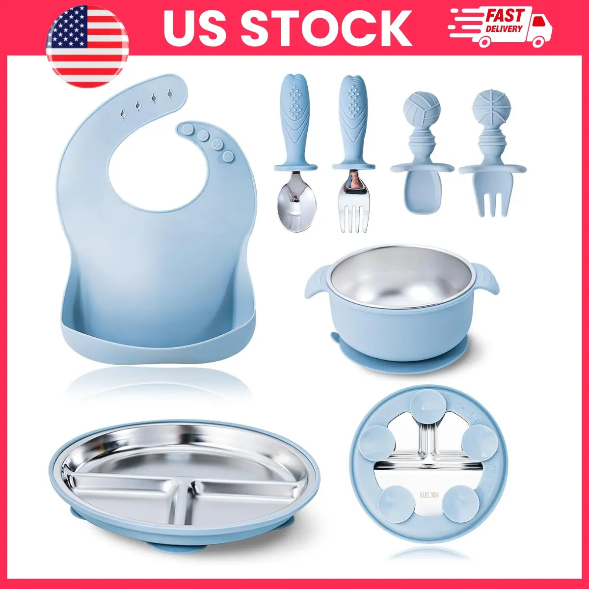 Baby Feeding Set 7 Pieces Stainless Steel Toddler Dinnerware with Suction Plate Bowl Spoon Fork Silicone Bib Self Feeding Utensils Set Dishwasher Safe Kids Tableware Baby Essentials Mealtime Set for Toddlers Infant Feeding Supplies Gift for New Parents