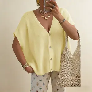 Womens Spring Oversized Cardigans Batwing Short Sleeve Lightweight Button V Neck Casual Knit Sweater Tops