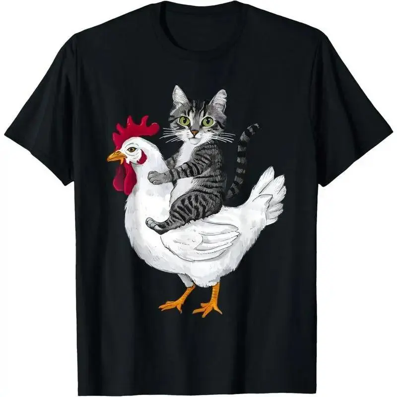 Men's 100% Cotton Funny Cat-on-Chicken Graphic T-Shirt - Vintage Distressed Shirts for Country Concert Outfits, Graphic Tees
