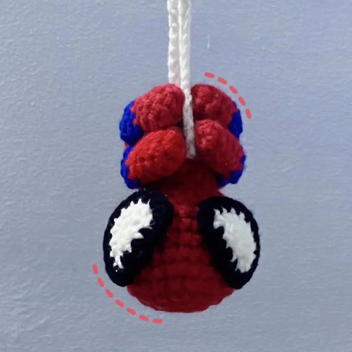 Red Blue Crochet Hanging Car Charm, Handmade Amigurumi Rear View Mirror Ornament, Cute Yarn Car Accessory, Gift for Crochet Lovers