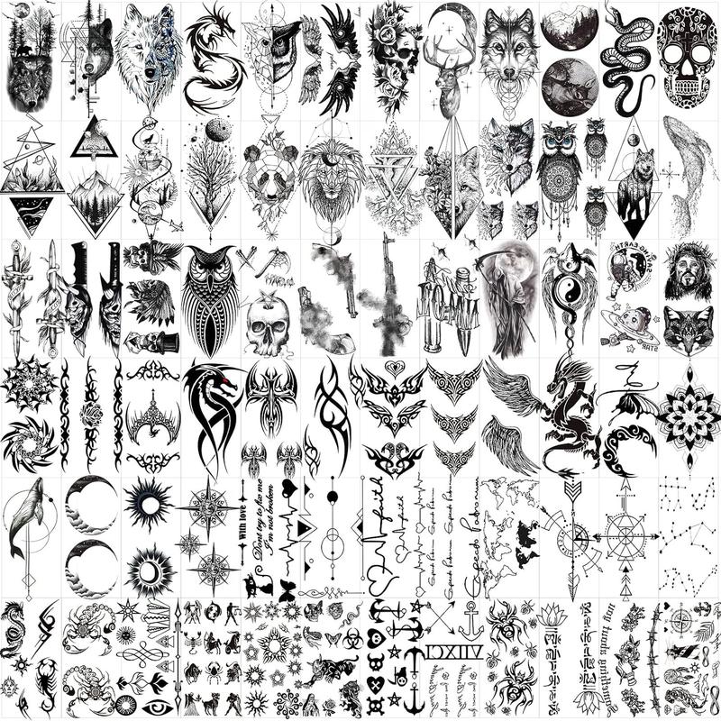72 Sheets Tiny Temporary Tattoos Stickers, Fake Tattoos That Look Real And Last Long, Halloween Tattoos Include Black Scary Wolf Lion Tiger Skeleton Skull Tattoos