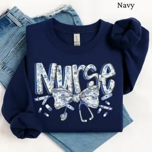 Coquette Bow Nurse Sweatshirt, Blue Chinoiserie Toile Crewneck, Cute Retro RN Gift Shirt