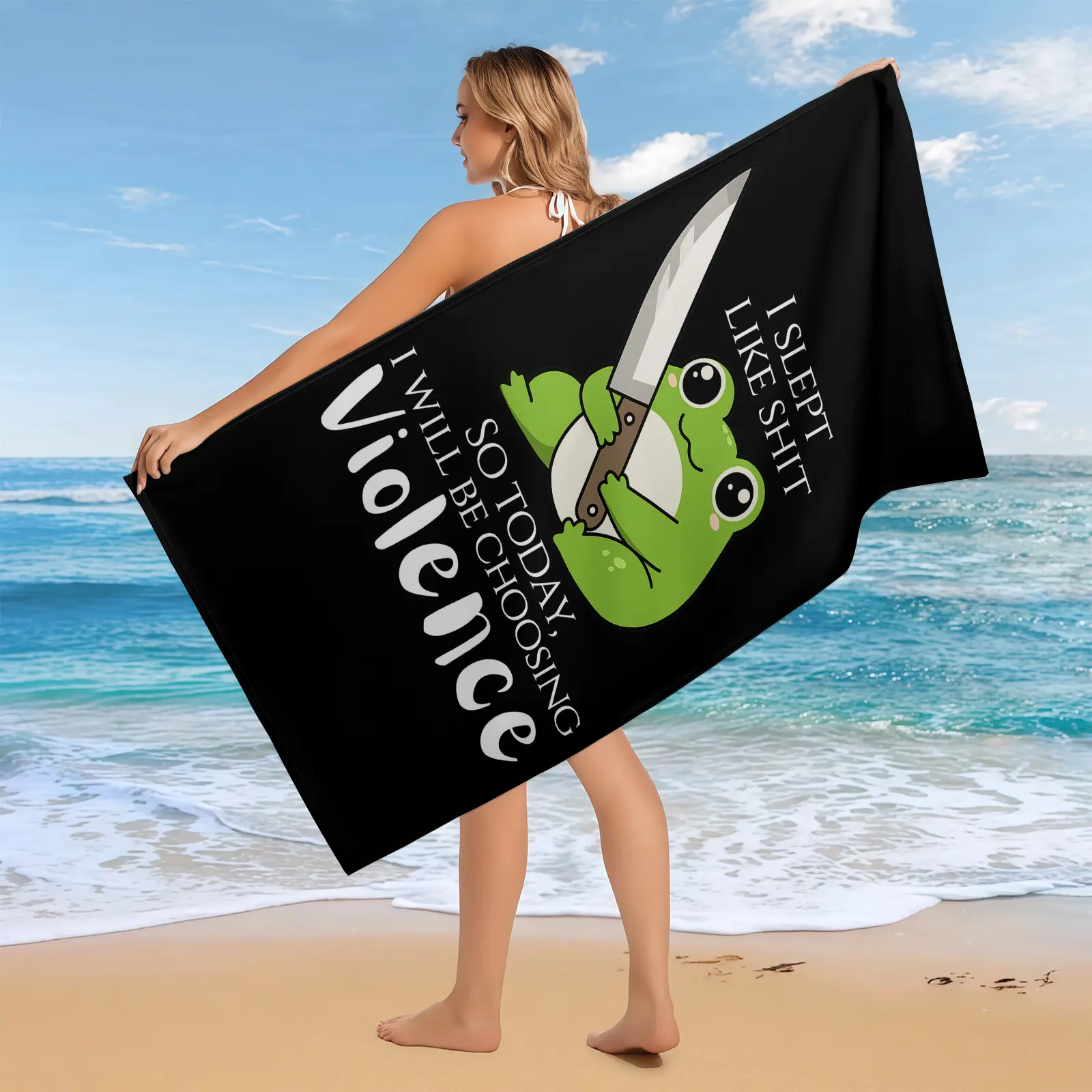 Funny Meme "I Slept Like Shit So Today I Choose Violence" Frog Beach Towel, Bath & Hand Quick-Dry Towel, Humorous Home Bathroom Supplies Gift