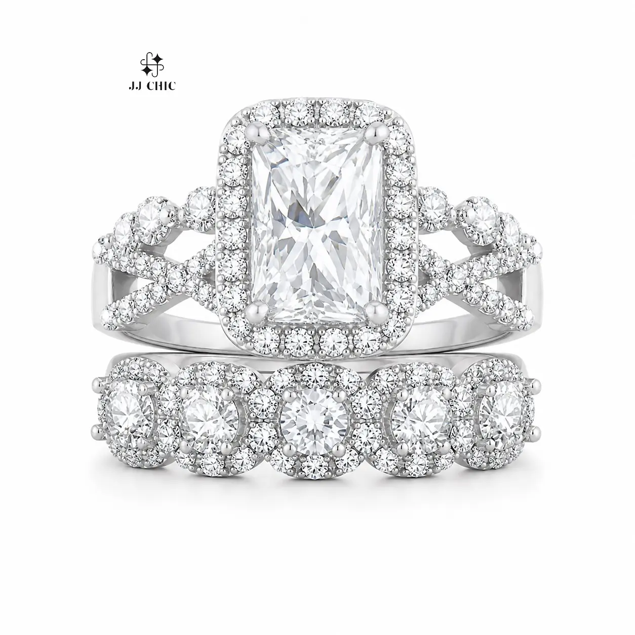 JJ CHIC 5CT Radiant Cut Halo Bridal Ring Set for Women,  Engagement Ring with Matching Wedding Band Band Rings