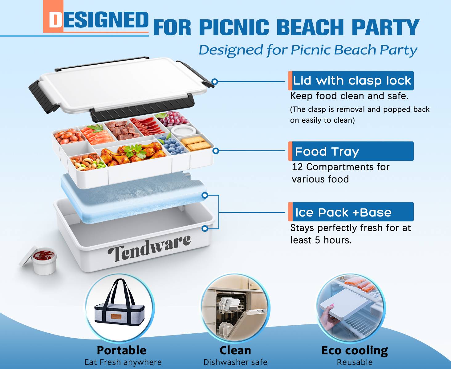 Chilled Portable Snackle Box Container with Reusable Ice Pack Divided Serving Tray Bonus Insulated Bag Dip Containers Forks for Charcuterie Snack Fruit Beach Travel Picnic Party Back to School Gift Food Storage Set