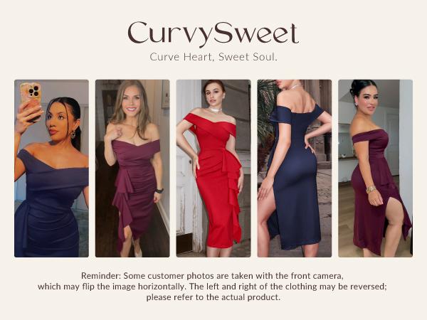 CurvySweet Off The Shoulder Formal Evening Midi Dress with Built-in Bra Bodycon Ruched Slit for Fall Wedding Guest & Cocktail Parties