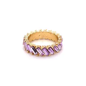 C87- Baguette Gold Plated Cz Multi Stone Ring -Purple