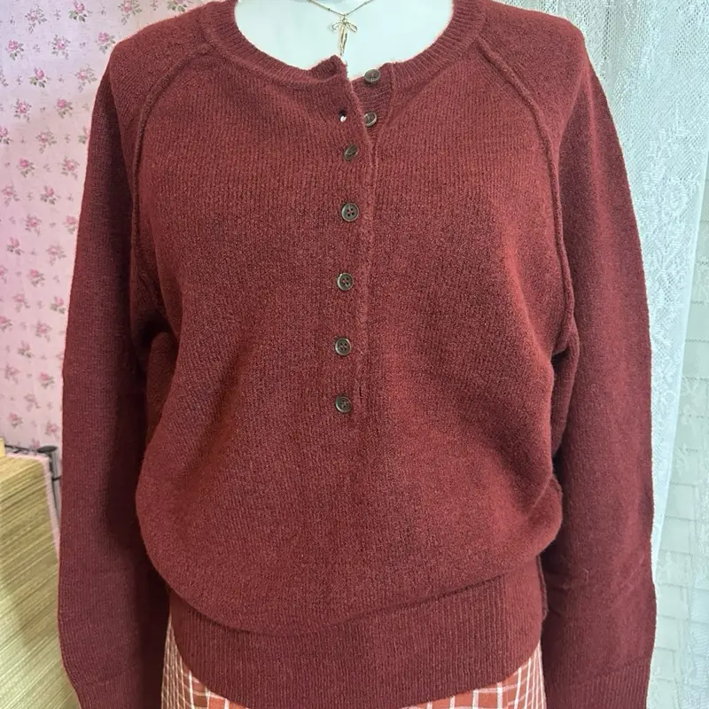 Burgundy Pullover Sweater with Button Front and Long Sleeves for Women