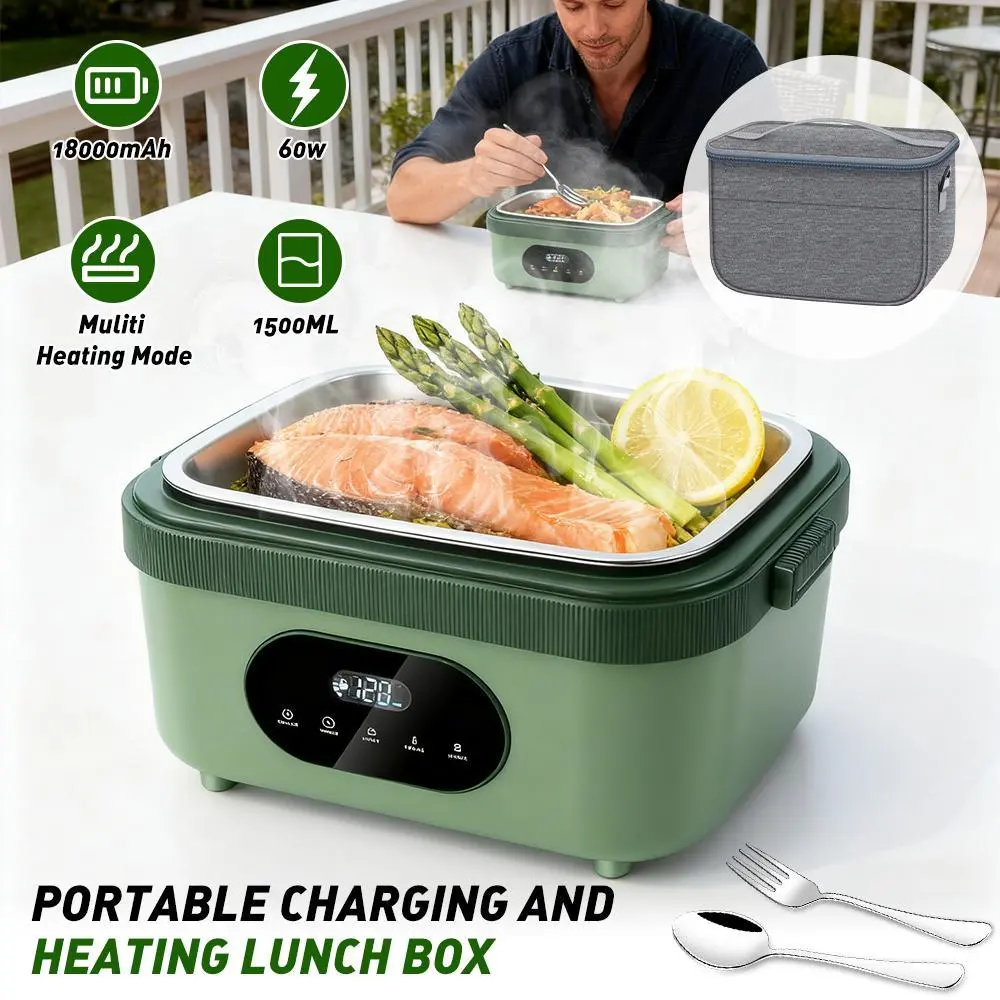 Cordless Insulated Heated Lunch Box - 1.5L Tableware Container, 60W Portable Electric Food Warmer with 18000mAh Rechargeable Battery, Timer & Fork for Work, Travel