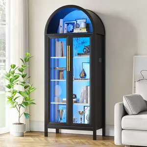 Miu Display Cabinet with Glass Doors, 5-Tier Curio Cabinet with 3-Color LED Lights & Motion Sensor, Arched Modern Bookcase, Heavy Duty Storage for Collectibles, Figures, Toys, Living Room, White