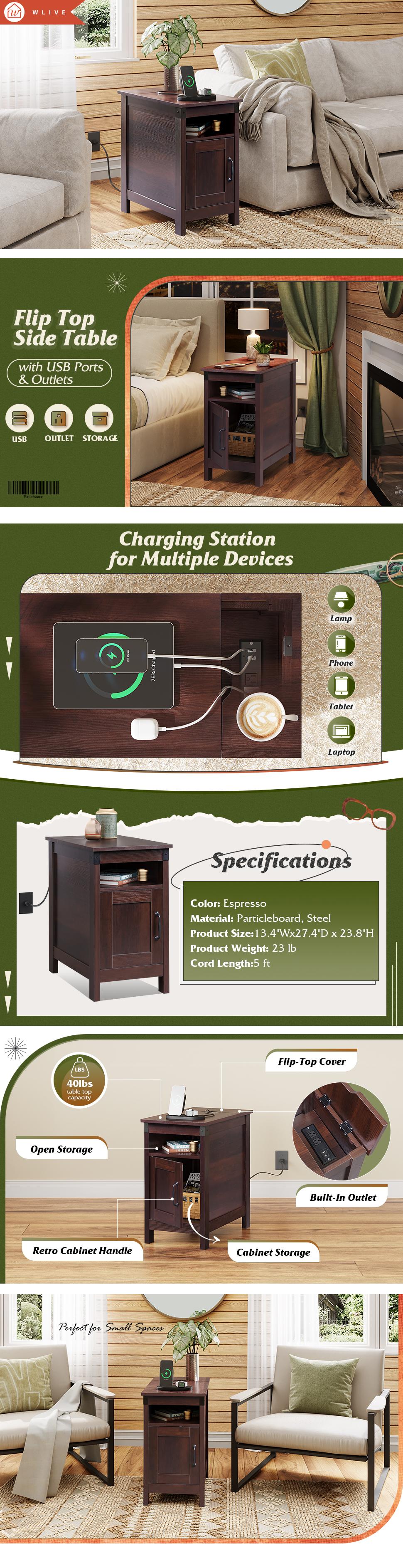 WLIVE End Table with Charging Station, Narrow Side Table for Living Room, Farmhouse Night Stand with Storage, Small Wooden Nightstand with USB Ports and Outlets for Living Room and Bedroom