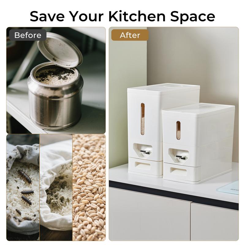UFORU Rice Storage Container for Kitchens and Pantries: Press-to-dispense design saves space + airtight seal keeps out pests and dust BPA-free construction with transparent viewing window + drawer-style measuring scoop Ideal for busy moms