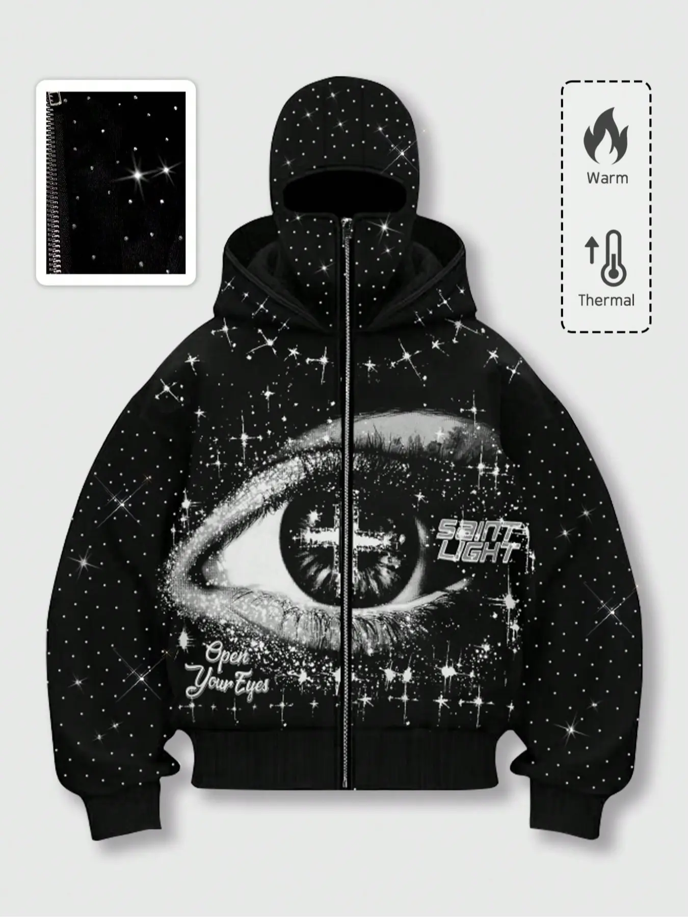 double hood rhinestone street casual loose men's zipper hoodie eye print sweatshirt, Graphic print hoodie autumn and winter fleece warm men and women brand Y2K jacket cool nightclub rock hip-hop music festival