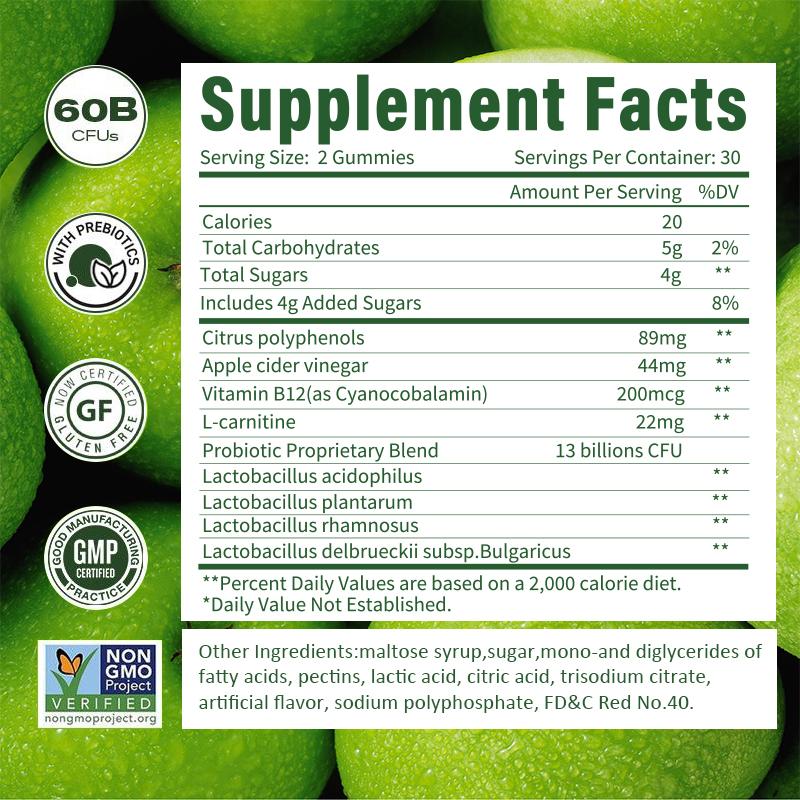 CLEEFLEN Apple Cider Vinegar Gummies, with Vitamin B12 and Probiotics, Supports Digestive Health, Detox Cleanse, Immune Boost, Gluten-Free, Suitable for Vegetarians [60 Gummies] Natural Supplement