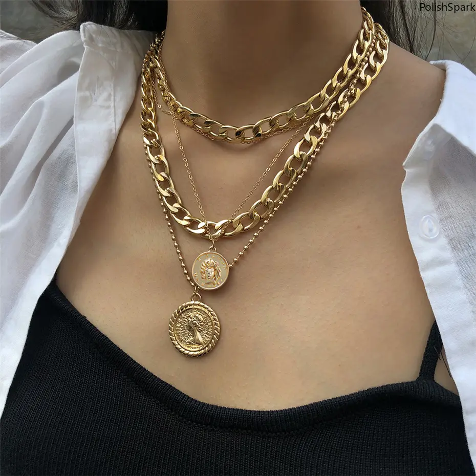 Silver Layered Necklace for Women, 5-Piece Retro Boho Set with Chunky Chains & Coin Pendants, Multi-Size Alloy Finish for Parties, Exquisite Chain Jewelry, Beads, Five Pieces