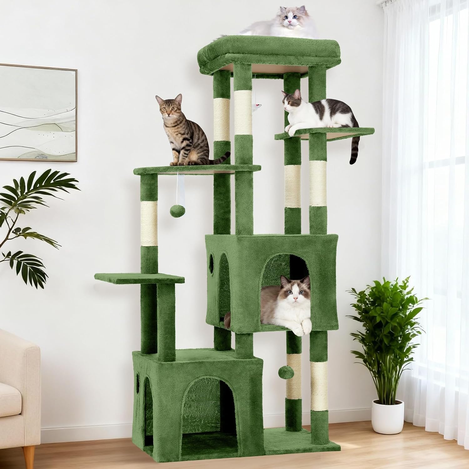 61" Large Cat Tree Tower for Indoor Cats, Heavy-Duty Multi-Level Cat Condo for Maine Coon & Big Cats with Extra-Large Perch, 2 Spacious Houses, Sisal Scratching Posts & Hanging Toys 61" Large Cat Tree Tower for Indoor Cats, Heavy-Duty Multi-Level Cat Condo for Maine Coon & Big Cats with Extra-Large Perch, 2 Spacious Houses, Sisal Scratching Posts & Hanging Toys