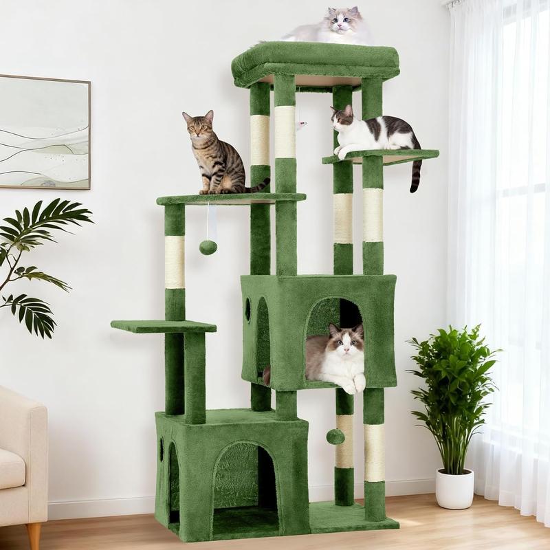 61" Large Cat Tree Tower for Indoor Cats, Heavy-Duty Multi-Level Cat Condo for Maine Coon & Big Cats with Extra-Large Perch, 2 Spacious Houses, Sisal Scratching Posts & Hanging Toys