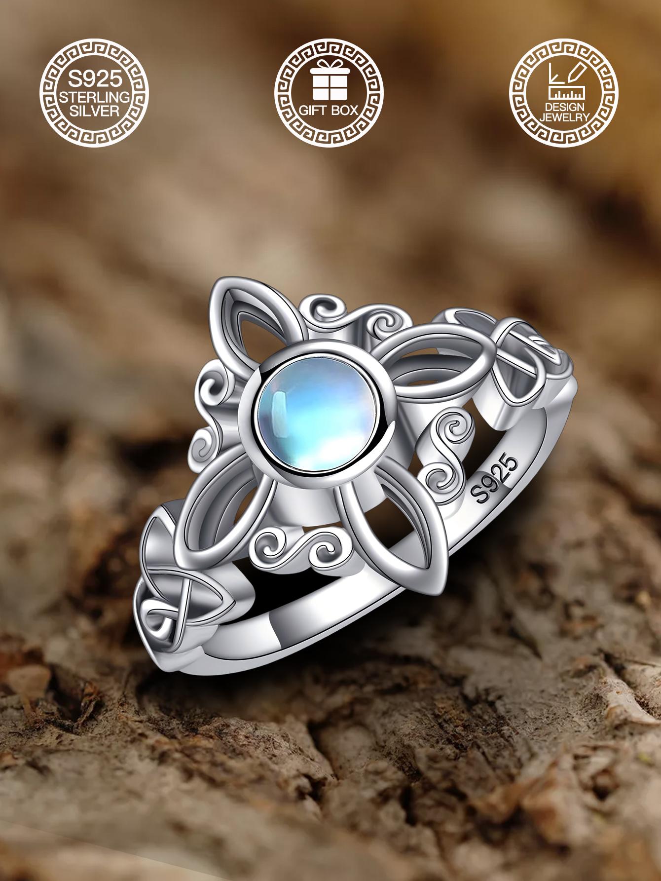 S925 Sterling Silver Celtic Knot Moonstone Ring – Elegant Vintage Floral Design for Women Jewelry Gift Box, Everyday Wear Engagement Rings